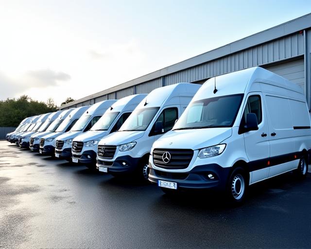 A line of clean commercial vans after a fleet washing service in Cork